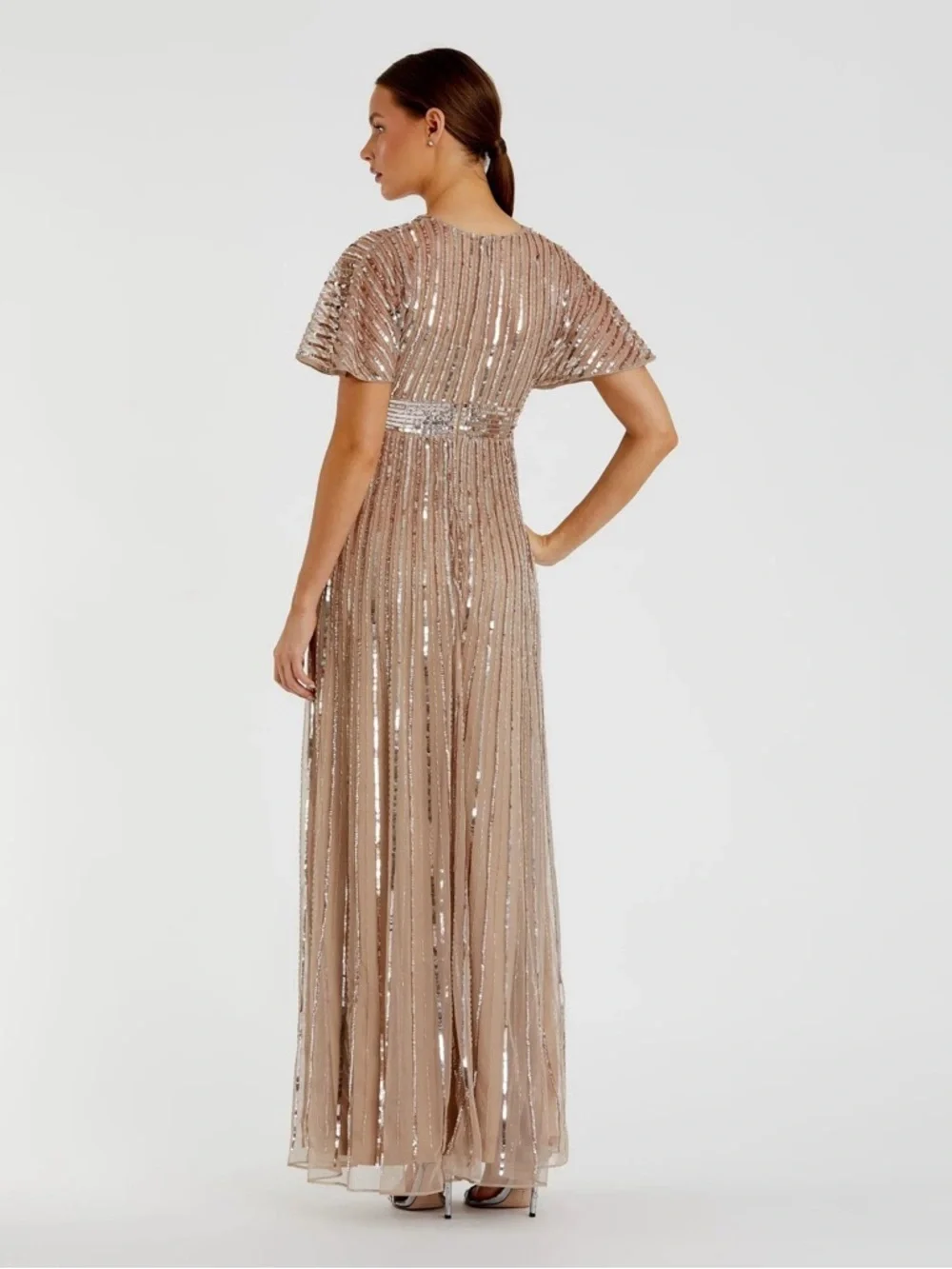 Mac Duggal 94204 Beige Embellished Short Sleeve Empire Waist Gown Size 12 NWT